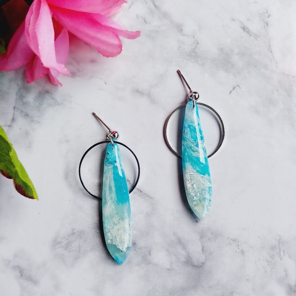 OpalGlaze Quartz Clay Earrings Aqua Blue Silver Hand crafted Earrings.